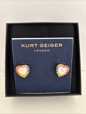 Kurt Geiger Gold Heart Stud Earrings with Pink Center and Multicolor Stones